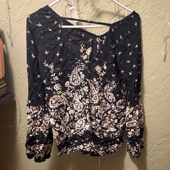 Floral Black and Cream Women's Button Up Top - Picture 3 of 3